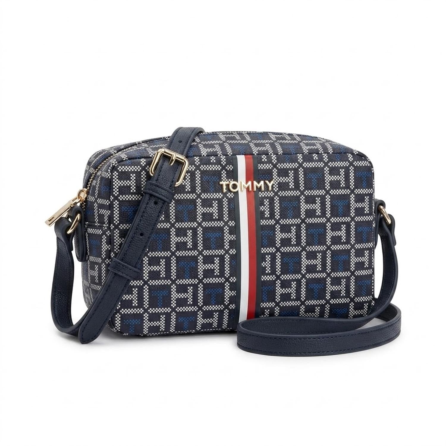 CARTERA CROSSBODY TOMMY HILFIGER MONOGRAFIADA AZUL CON BLANCO Y CINTA DE COLORES - 1