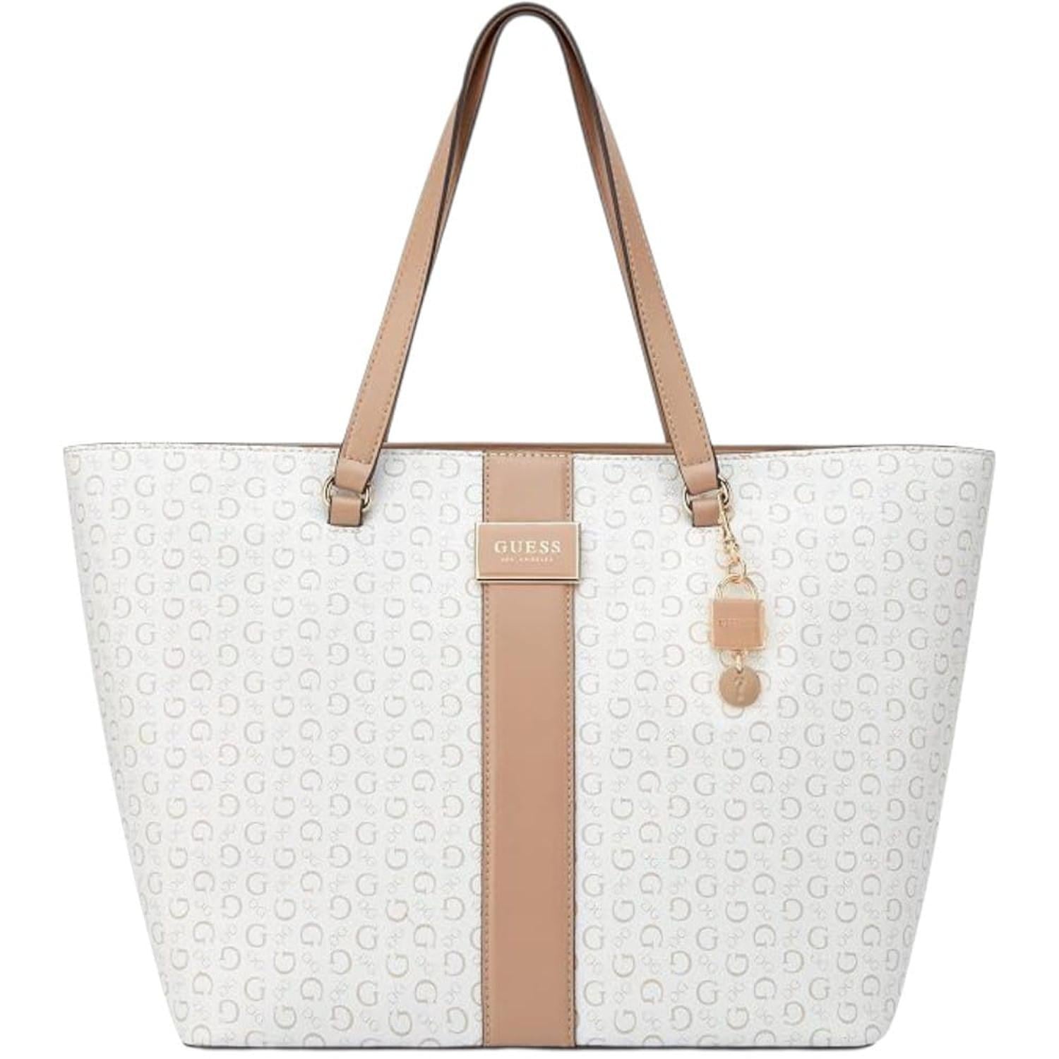 CARTERA TOTE GUESS ISABELLA MONOGRAFIADA BLANCO Y MARRÓN CON ADORNO DORADO - 1