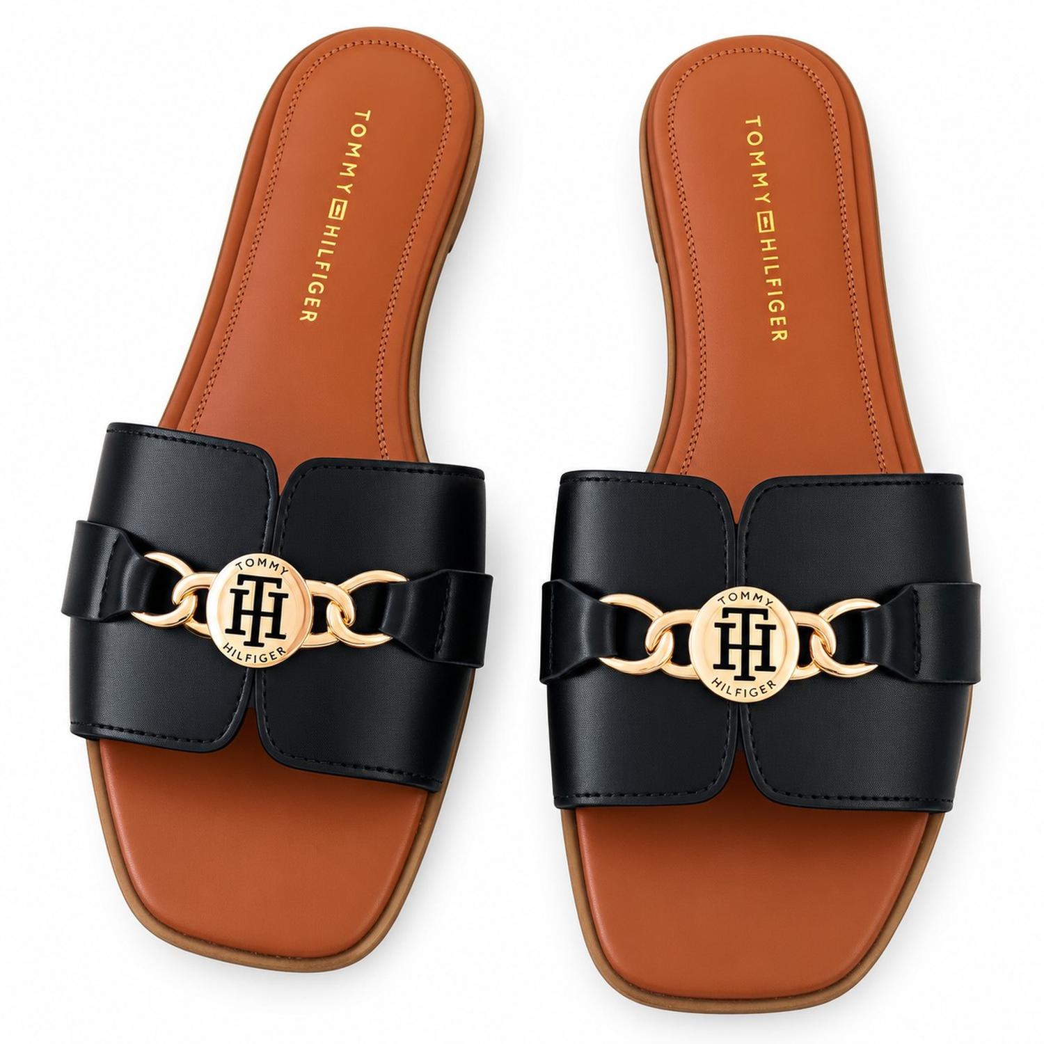 SANDALIAS TOMMY HILFIGER CAMEL Y NEGRO CON DISEÑO DETALLE DORADO - 2