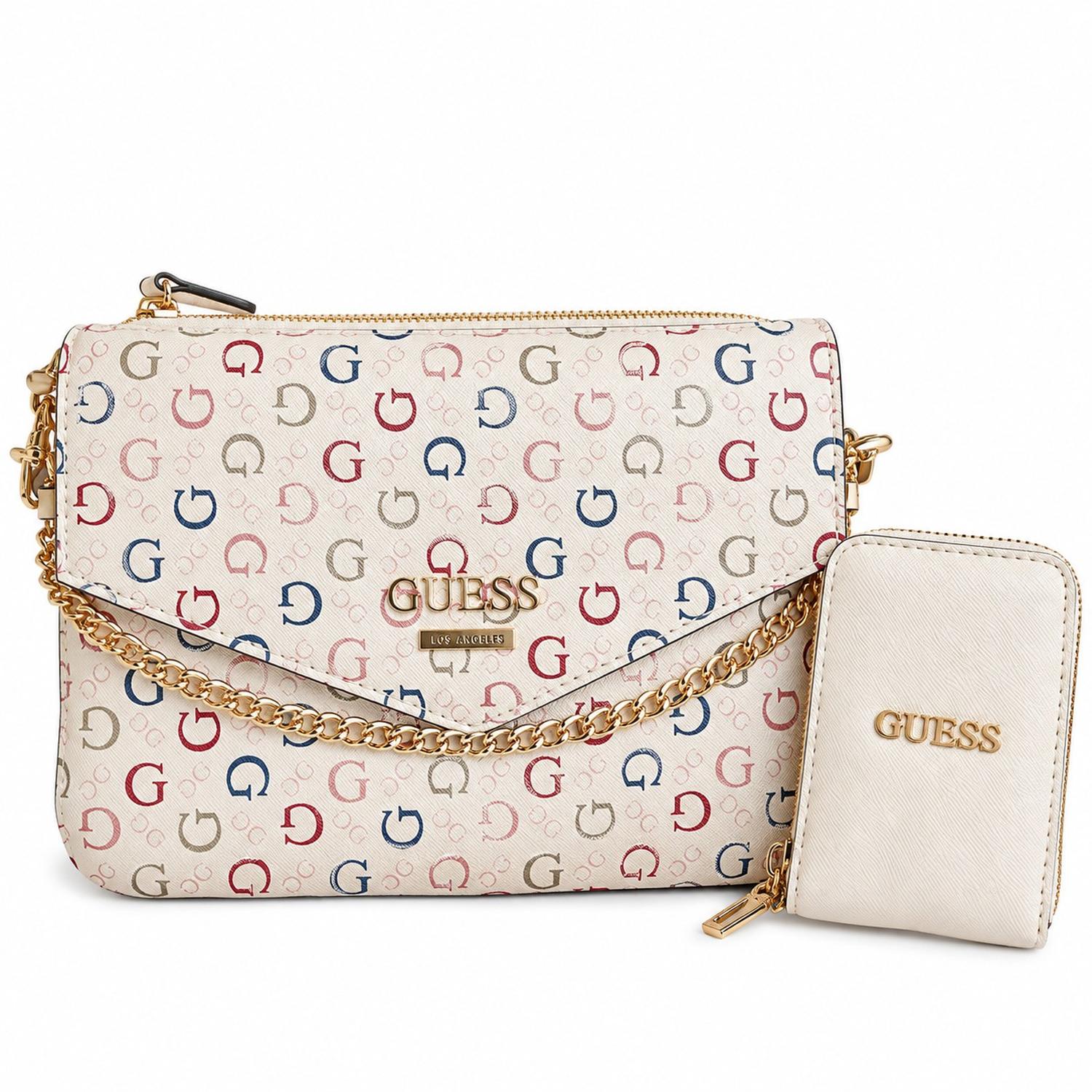 CARTERA CROSSBODY GUESS BEIGE MONOGRAFIADO MULTICOLOR CON CADENA DORADA Y MONEDERO - 1