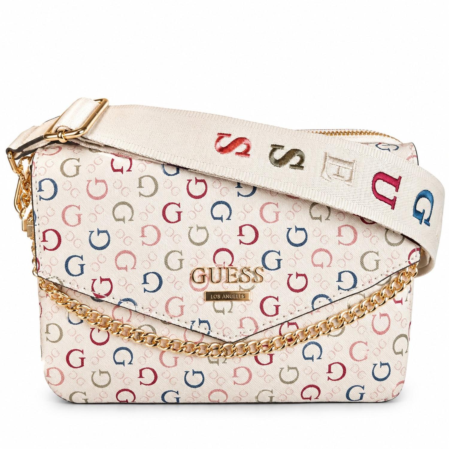 CARTERA CROSSBODY GUESS BEIGE MONOGRAFIADO MULTICOLOR CON CADENA DORADA Y MONEDERO - 3