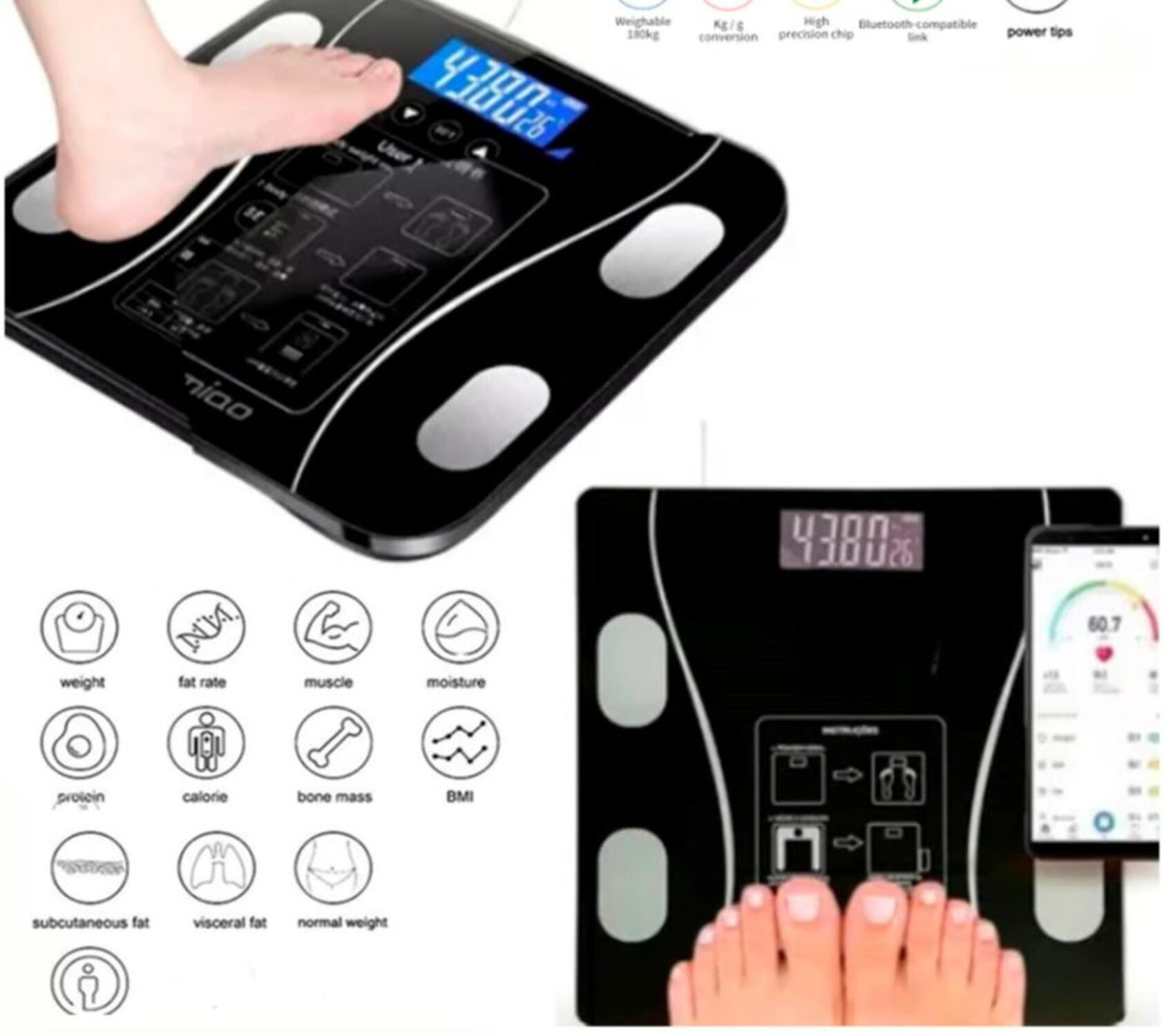 BALANZA DIGITAL 111 MULTICOLOR BLUETOOTH - 180KG CONTROL PESO INTELIGENTE - 1