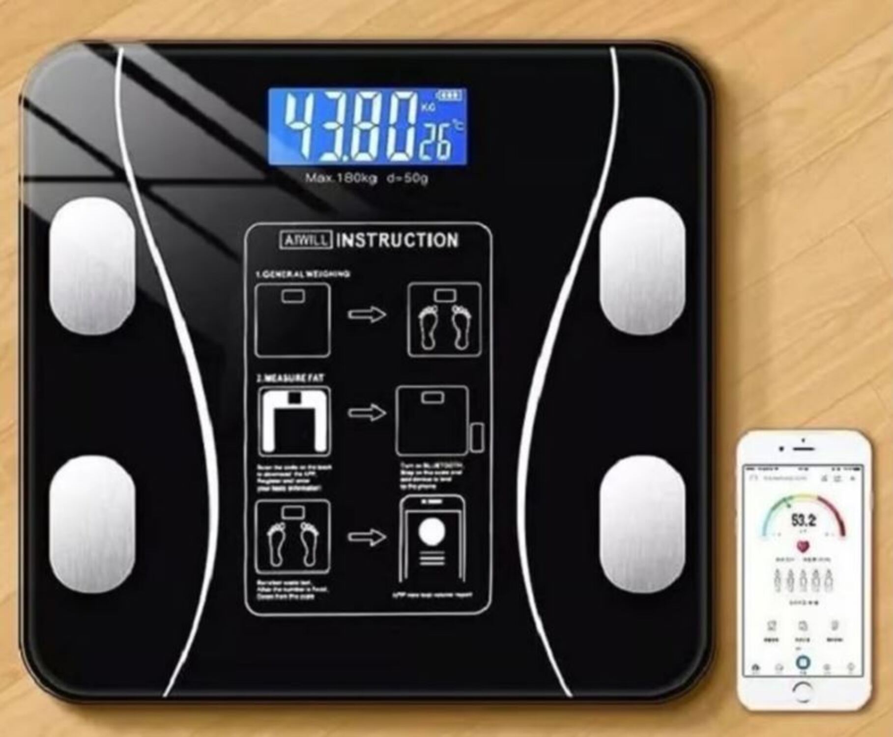 BALANZA DIGITAL 111 MULTICOLOR BLUETOOTH - 180KG CONTROL PESO INTELIGENTE - 4