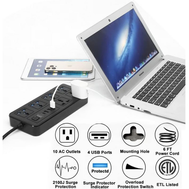 ENCHUFE TOMACORRIENTE 6 TOMAS + 3 PUERTOS HUB USB + 1 TIPO C - 2