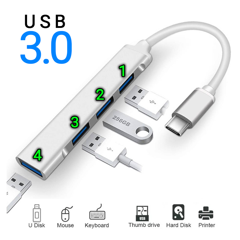 ADAPTADOR HUB TIPO C A USB 3.0  4 PUERTOS PC, LAPTOP, ANDROID - 1