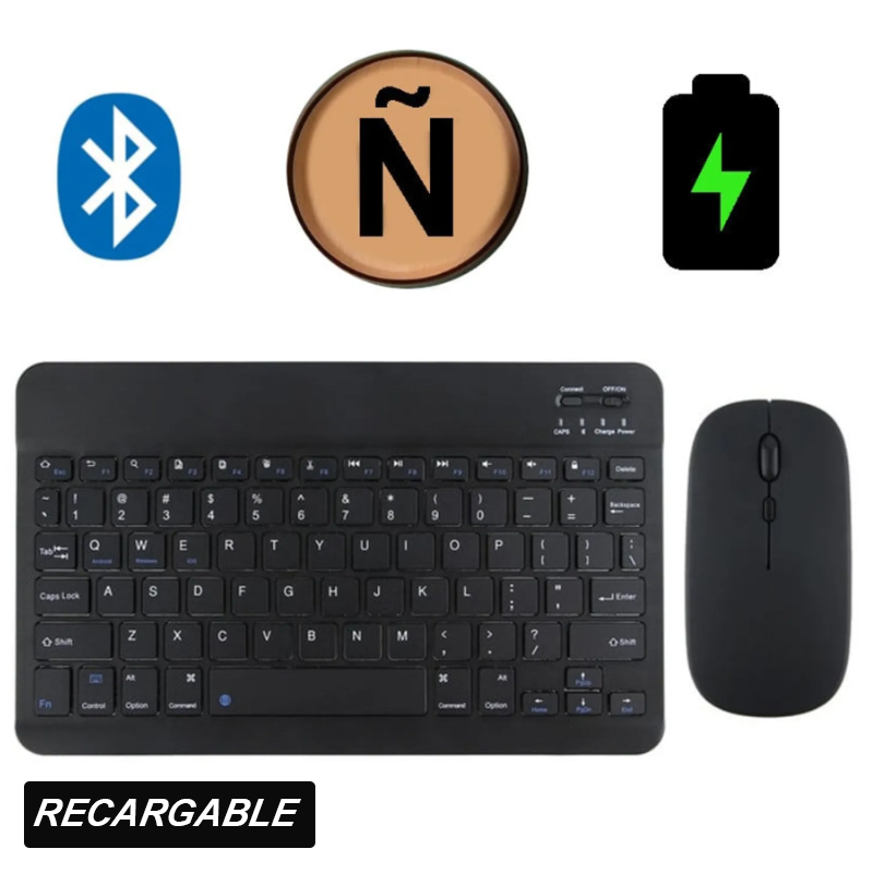 KIT TECLADO Y MOUSE INALÁMBRICO RECARGABLE BLUETOOTH NEGRO PC TABLET CELULAR - 1