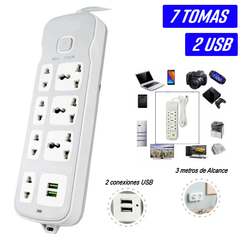 EXTENSION TOMA CORRIENTE CARGA RAPIDA 7 TOMAS ENCHUFE 2 USB 3M - 1