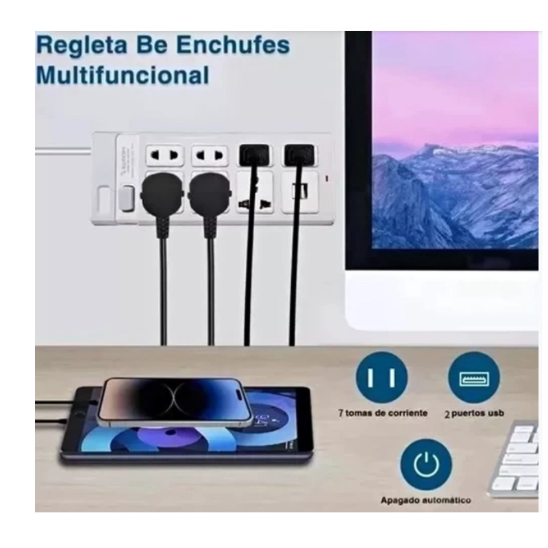 EXTENSION TOMA CORRIENTE CARGA RAPIDA 7 TOMAS ENCHUFE 2 USB 3M - 2