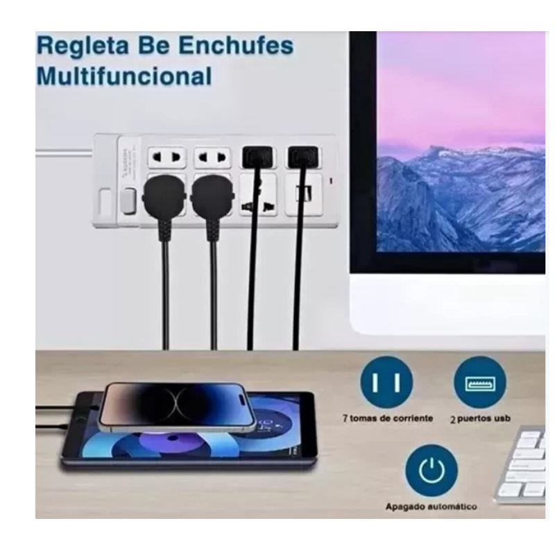 EXTENSION TOMA CORRIENTE CARGA RAPIDA 7 TOMAS ENCHUFE 2 USB 3M - 2