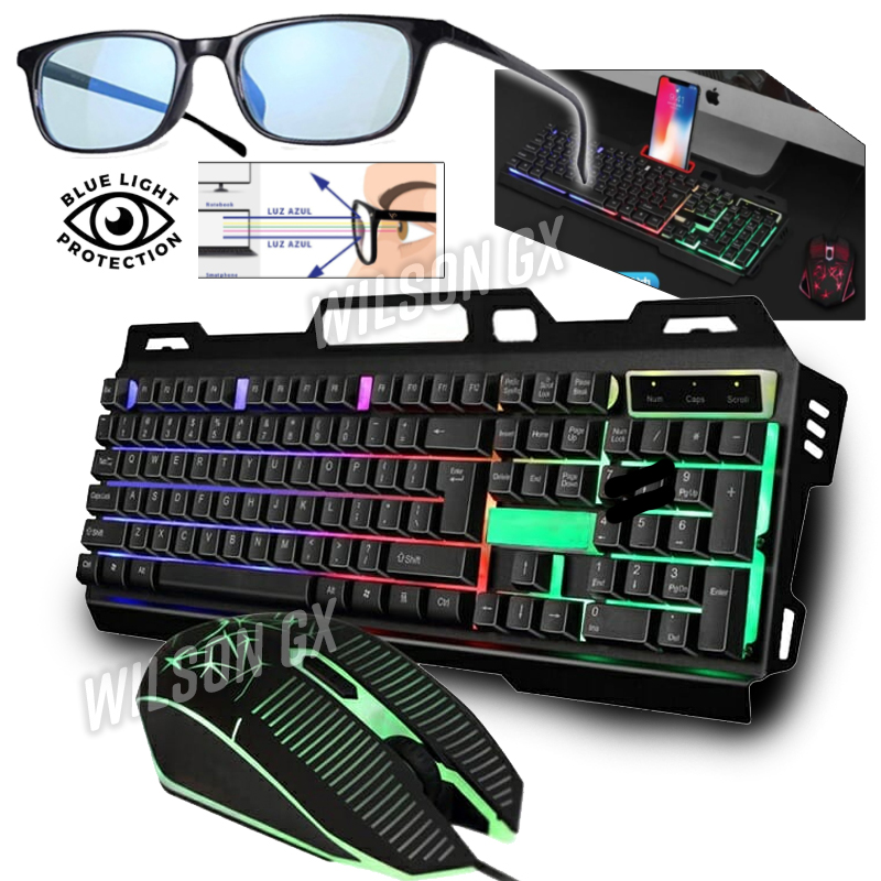 KIT GAMER TECLADO METÁLICO Y MOUSE RGB + LENTES FILTRO LUZ AZUL - 1