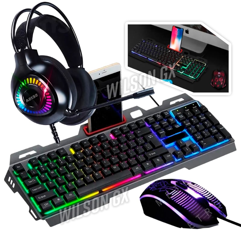 COMBO GAMER TECLADO METÁLICO MOUSE AUDÍFONOS C MICROFONO LUCES RGB - 1
