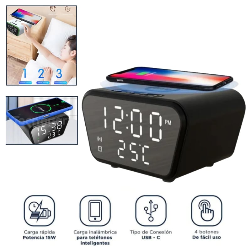 RELOJ Y DESPERTADOR CON CARGA INALÁMBRICA PARA CELULAR ALARMA Y TEMPERATURA - 1