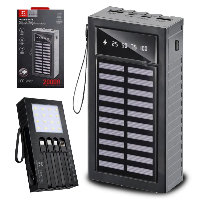 POWER BANK SOLAR 20000 MAH CARGADOR PORTATIL CABLE TIPO C LIGHTNING MICRO USB - 1