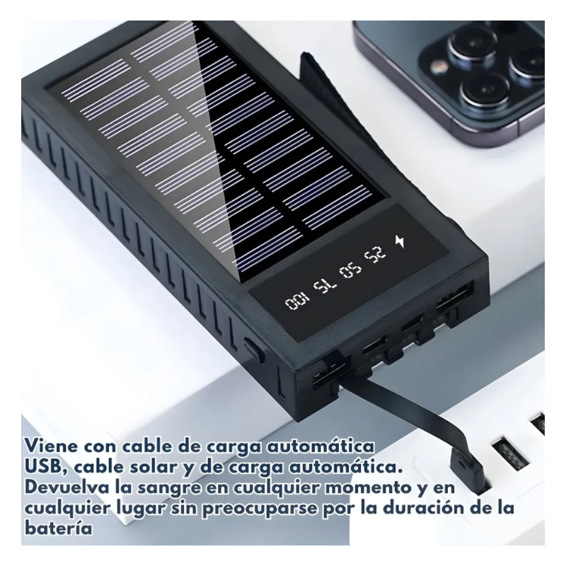 POWER BANK SOLAR 20000 MAH CARGADOR PORTATIL CABLE TIPO C LIGHTNING MICRO USB - 3