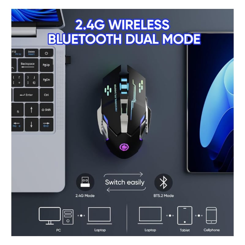 MOUSE GAMER INALÁMBRICO RECARGABLE LUZ RGB WIRELESS USB - 2