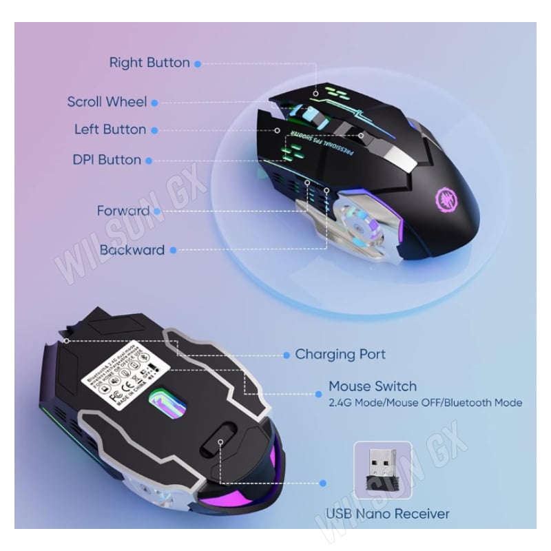 MOUSE GAMER INALÁMBRICO RECARGABLE LUZ RGB WIRELESS USB - 4