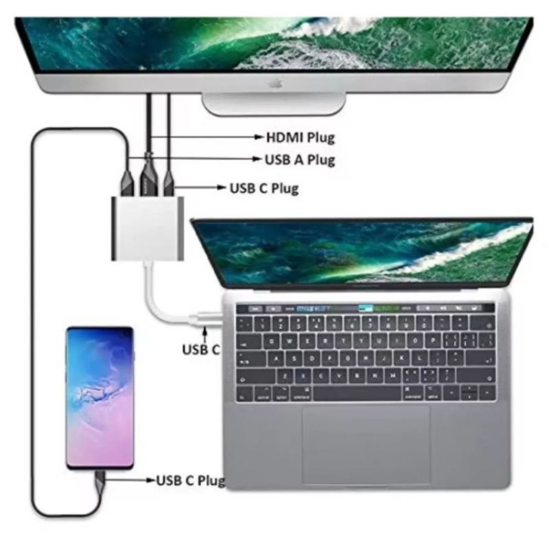 ADAPTADOR 3 EN 1 TIPO C 3.1 A HDMI, USB 3.0, TIPO C CALIDAD ALUMINIO PREMIUM - 2