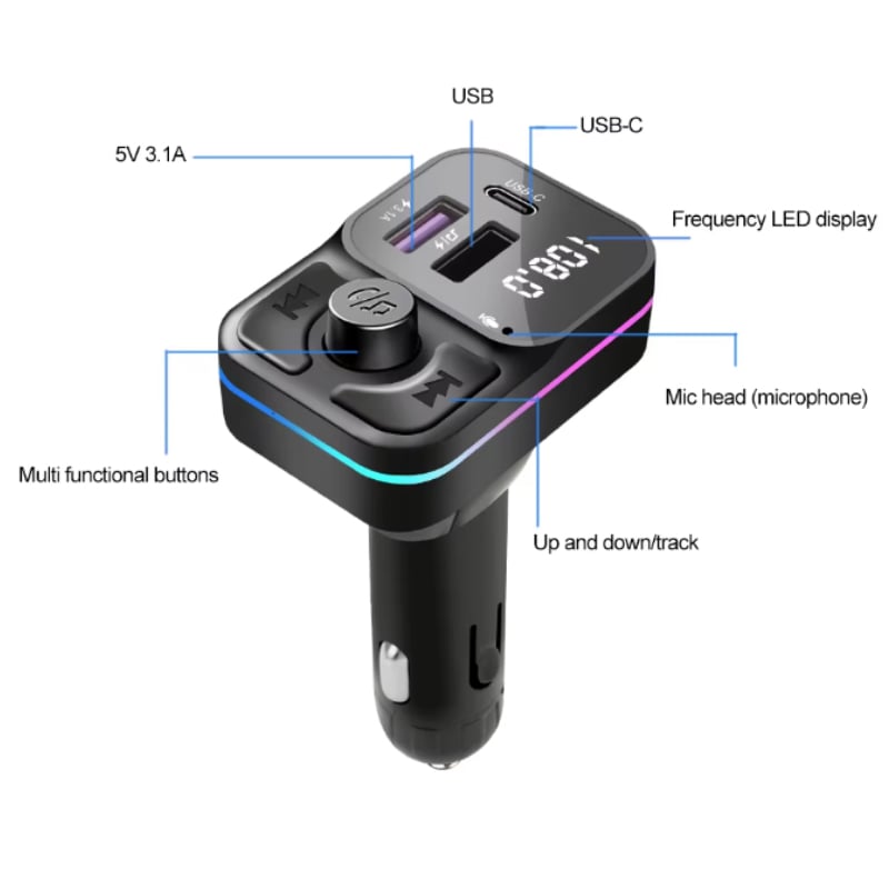 TRANSMISOR BLUETOOTH CARGA RÁPIDA 2 USB TIPO C AUTO RADIO FM - 2