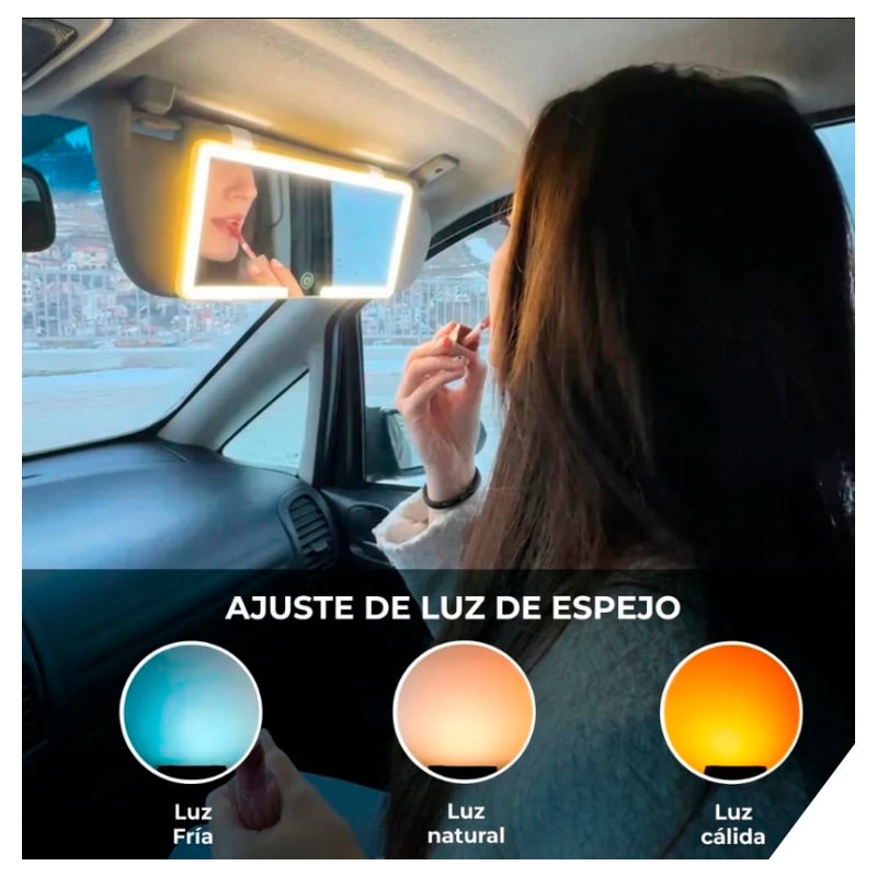 ESPEJO LED PARA AUTO TACTIL PORTATIL RECARGABLE 3 TONOS LUZ - 1
