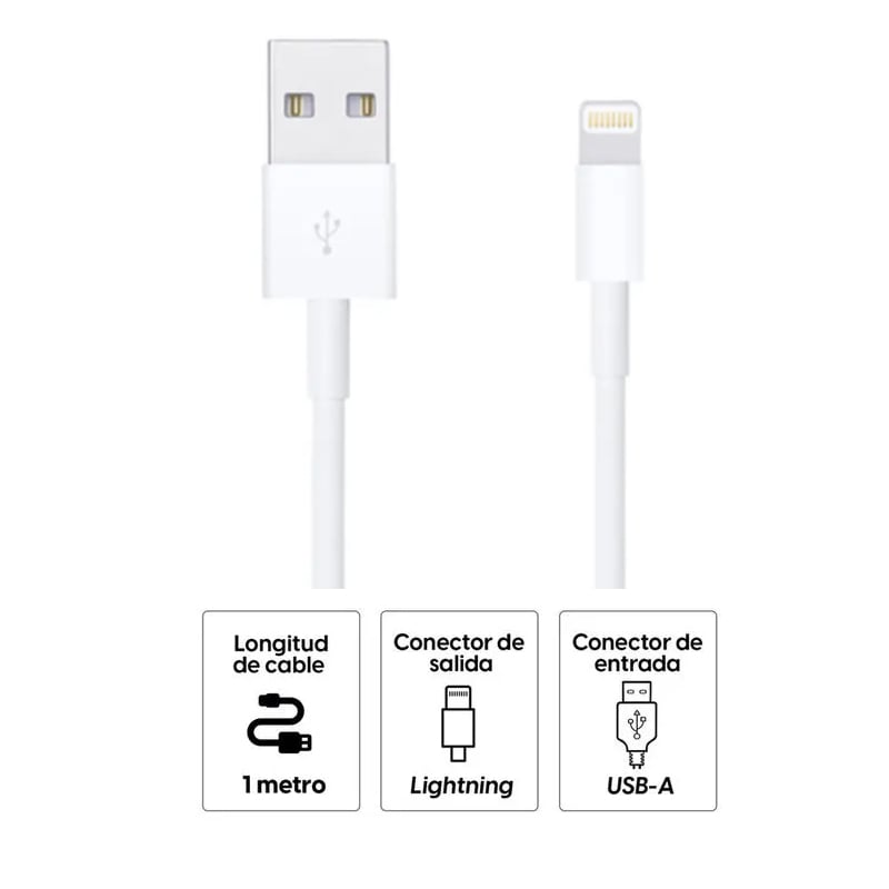 CABLE USB-A A LIGHTNING 1M PARA IPHONE CARGA RÁPIDA Y TRANSFERENCIA DATOS USB - 3