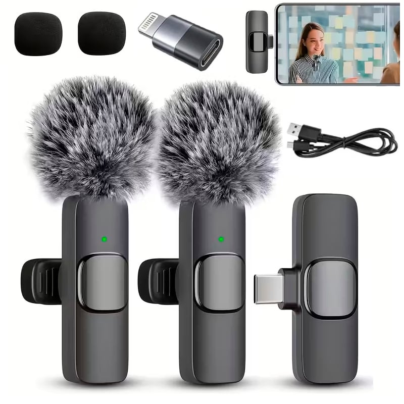 KIT MICRÓFONO INALÁMBRICO SOLAPERO PARA TIPO C Y IPHONE + FILTRO - 1