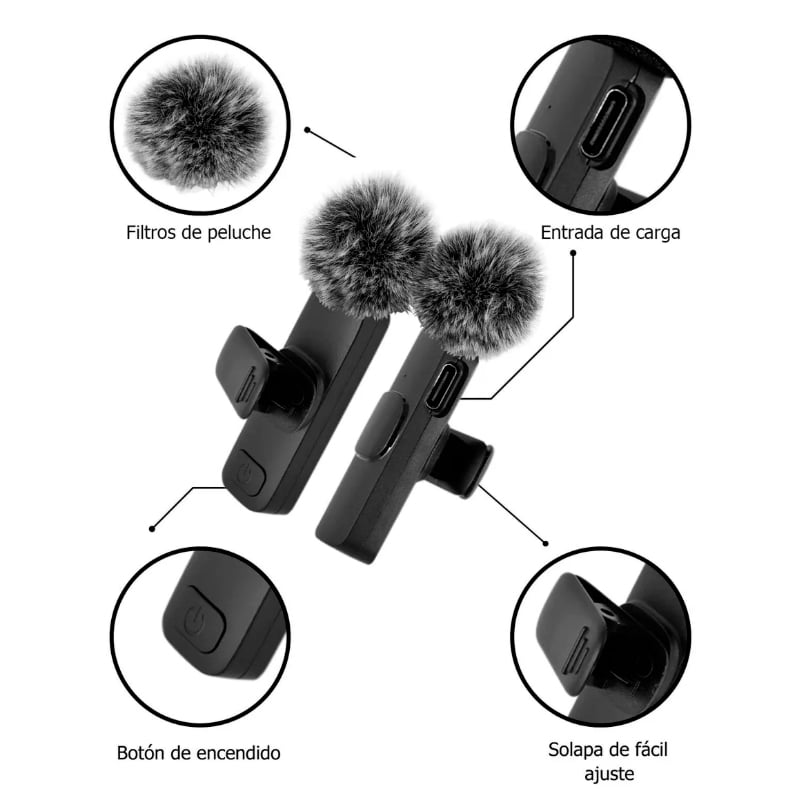 KIT MICRÓFONO INALÁMBRICO SOLAPERO PARA TIPO C Y IPHONE + FILTRO - 2