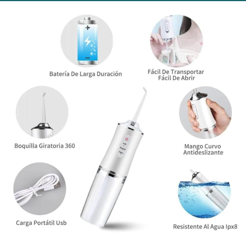 IRRIGADOR BUCAL PORTÁTIL INALÁMBRICO 3 MODOS RECARGABLE USB LIMPIEZA DENTAL - 2