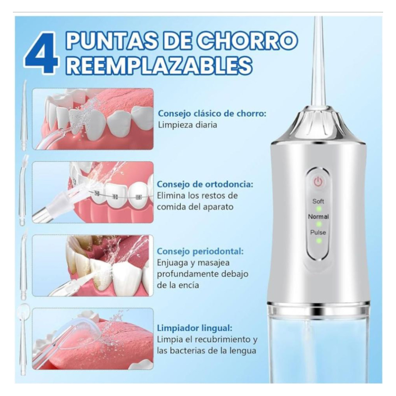 IRRIGADOR BUCAL PORTÁTIL INALÁMBRICO 3 MODOS RECARGABLE USB LIMPIEZA DENTAL - 3