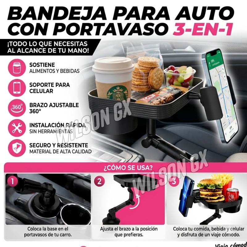 SOPORTE ORGANIZADOR BANDEJA PORTA BOTELLAS VASO CELULAR PARA AUTO 3 EN 1 - 4