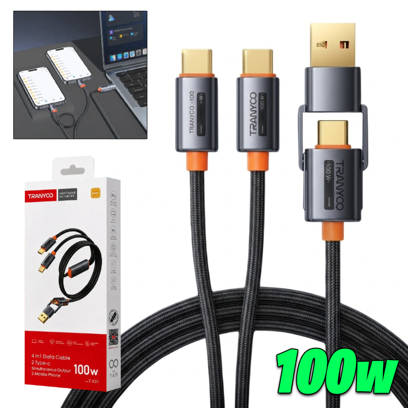 CABLE PREMIUM 4 EN 1 USB Y USB C A 2 USB TIPO C CARGA RÁPIDA 100W - 1