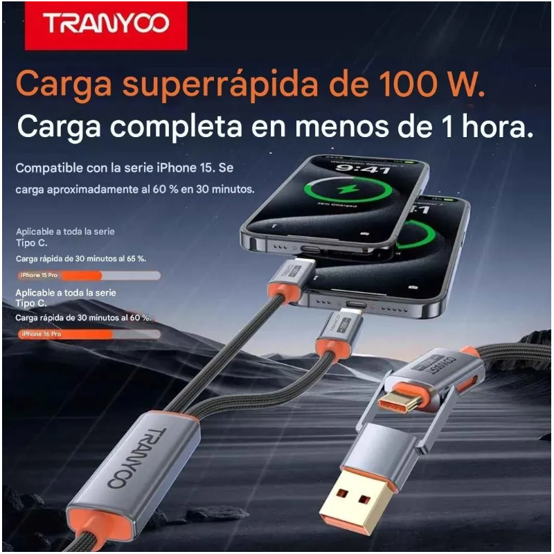 CABLE PREMIUM 4 EN 1 USB Y USB C A 2 USB TIPO C CARGA RÁPIDA 100W - 5