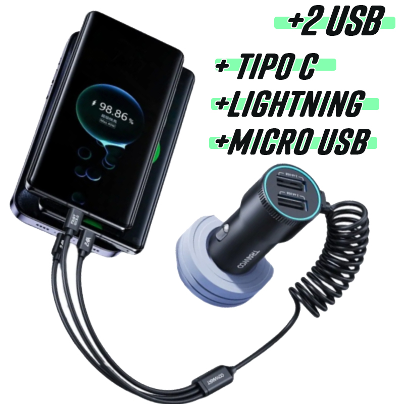 CARGADOR PARA AUTO 5 EN 1 TIPO C USB LIGHTNING MICRO 2 USB CABLE RETRAIBLE - 1