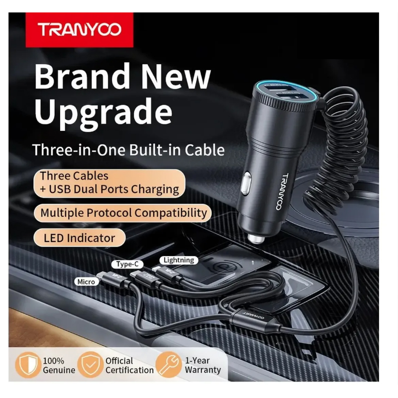 CARGADOR PARA AUTO 5 EN 1 TIPO C USB LIGHTNING MICRO 2 USB CABLE RETRAIBLE - 2
