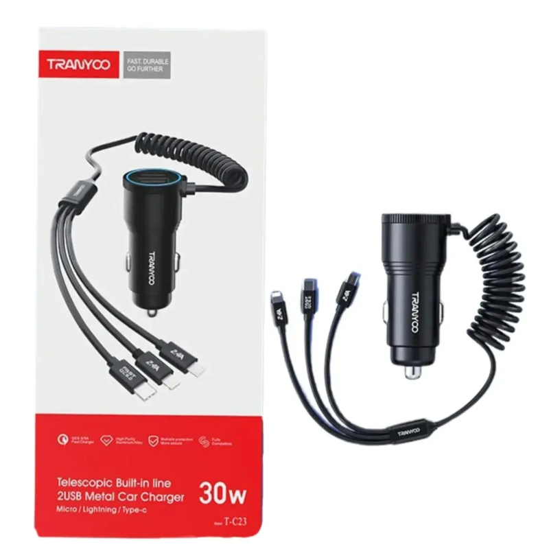 CARGADOR PARA AUTO 5 EN 1 TIPO C USB LIGHTNING MICRO 2 USB CABLE RETRAIBLE - 3