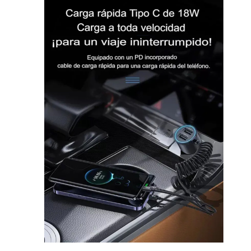 CARGADOR PARA AUTO 5 EN 1 TIPO C USB LIGHTNING MICRO 2 USB CABLE RETRAIBLE - 4