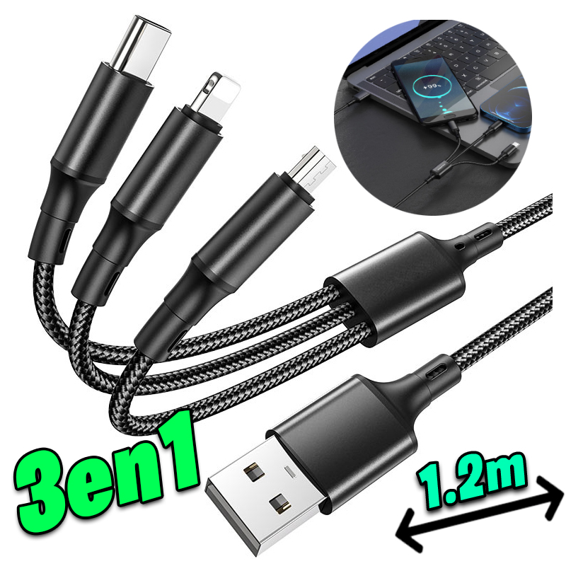 CABLE 3 EN 1 CARGA RÁPIDA USB A TIPO C LIGHTN MICRO USB CELULAR TABLET AUTO - 1