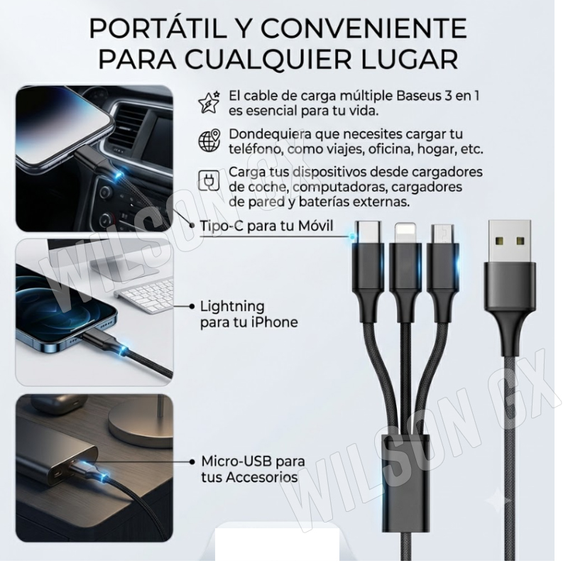 CABLE 3 EN 1 CARGA RÁPIDA USB A TIPO C LIGHTN MICRO USB CELULAR TABLET AUTO - 3
