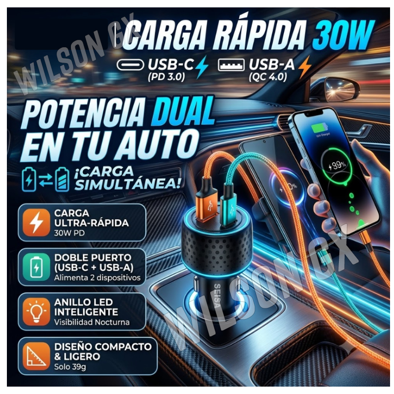 CARGADOR PARA AUTO 2 PUERTO USB Y TIPO C CARRO 48W - 3