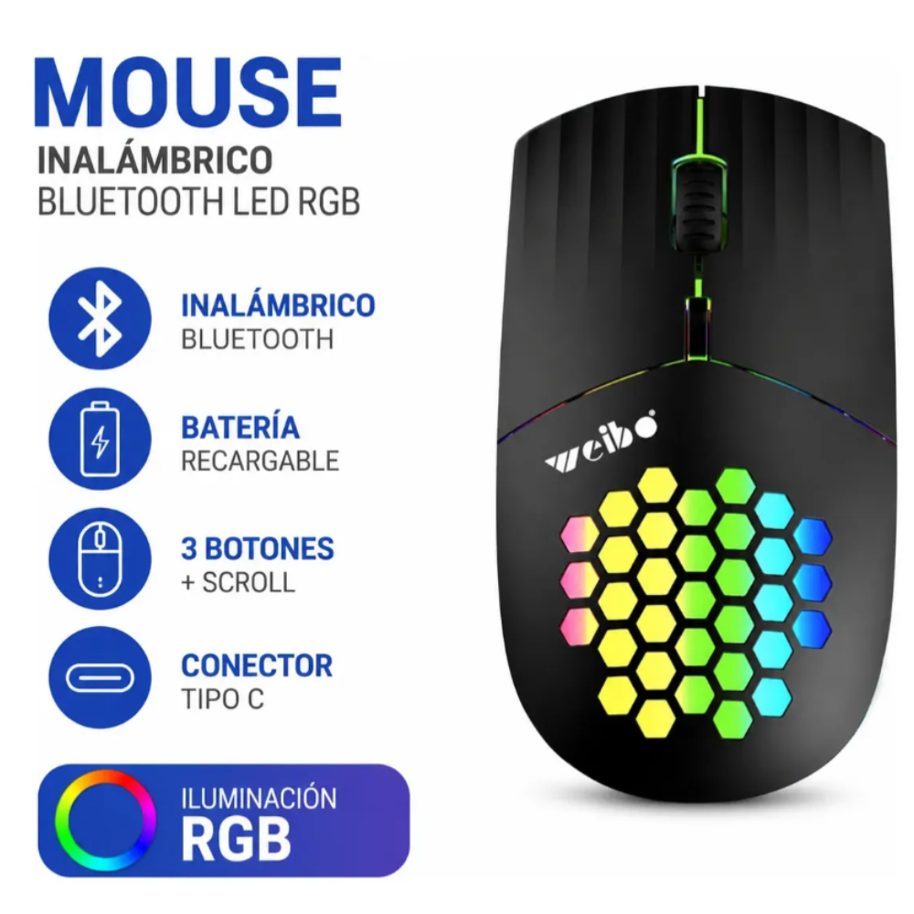 MOUSE GAMER INALÁMBRICO BLUETOOTH RECARGABLE LED RGB DPI 3200 - 2