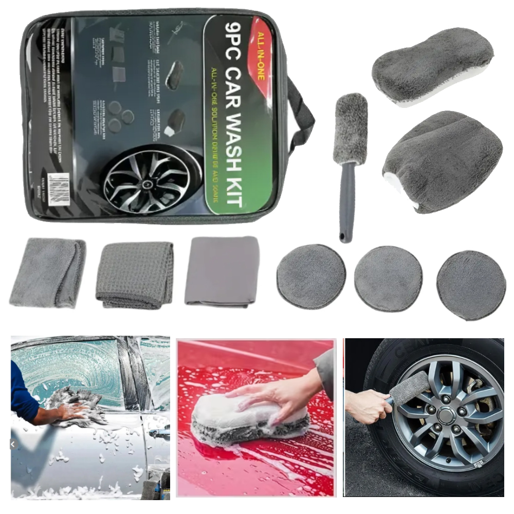 KIT LIMPIEZA DE AUTO 9 EN 1 MICRO FIBRA LAVADO CARRO ESPONJA PAÑO TOALLA - 1