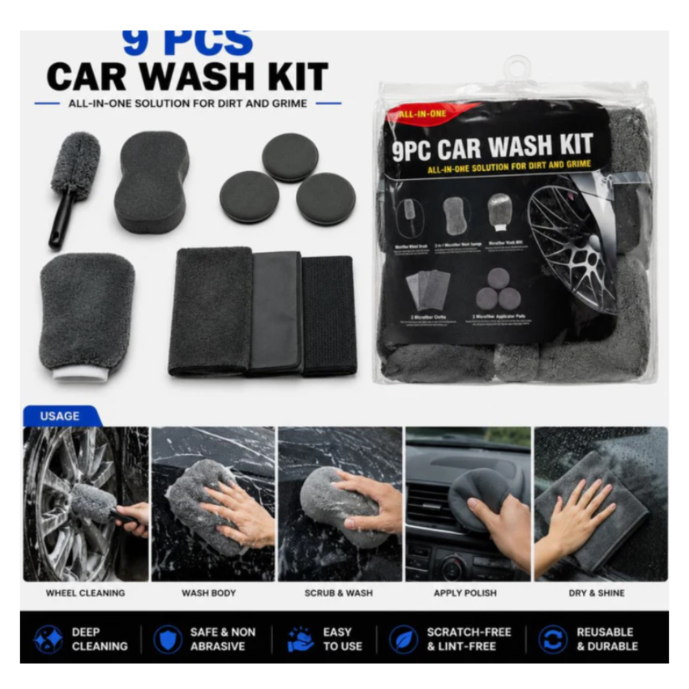 KIT LIMPIEZA DE AUTO 9 EN 1 MICRO FIBRA LAVADO CARRO ESPONJA PAÑO TOALLA - 2