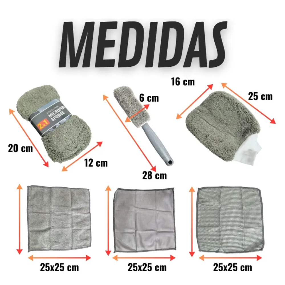 KIT LIMPIEZA DE AUTO 9 EN 1 MICRO FIBRA LAVADO CARRO ESPONJA PAÑO TOALLA - 3