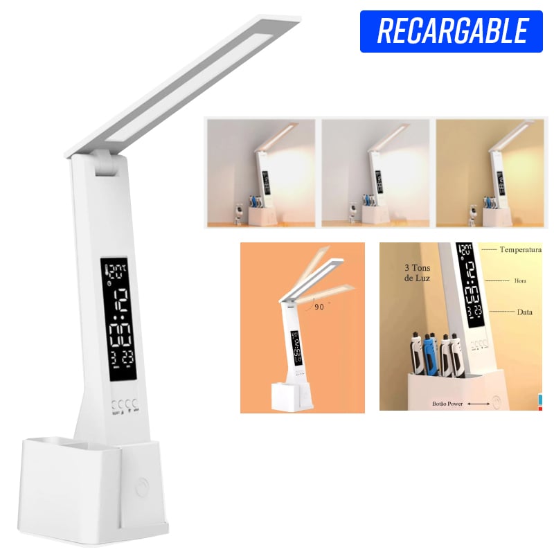 LÁMPARA LED TÁCTIL PLEGABLE RECARGABLE POR USB 3 TONOS LUZ RELOJ - 1