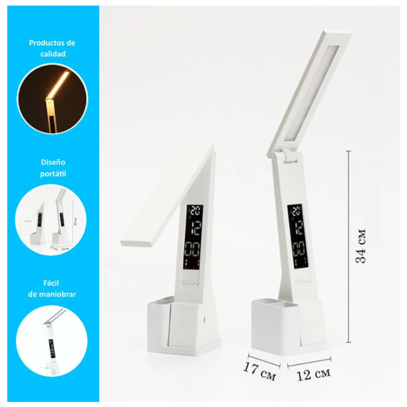 LÁMPARA LED TÁCTIL PLEGABLE RECARGABLE POR USB 3 TONOS LUZ RELOJ - 5