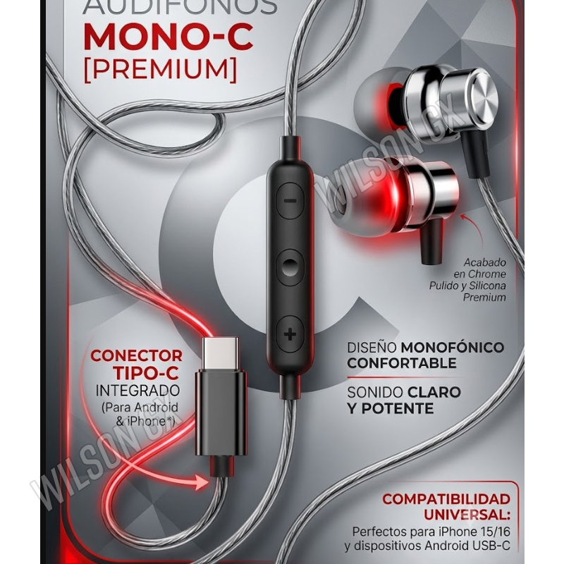 AUDÍFONO CON MICROFONO Y CONTROL VOLUMEN USB-C TIPO C 1.2M - 2