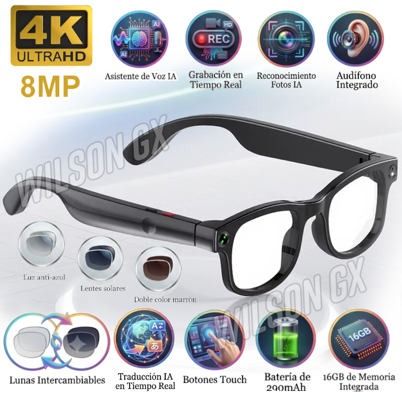 LENTES SMART CON IA TIEMPO REAL 8MP CÁMARA ESPÍA TRADUCTOR LLAMADAS AUDIO - 1