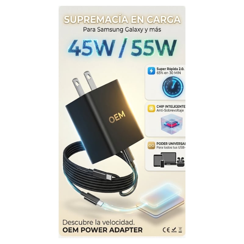 CARGADOR 45W A 55W ULTRA CARGA RÁPIDA COMPATIBLE SAMSUNG XIAOM - 3