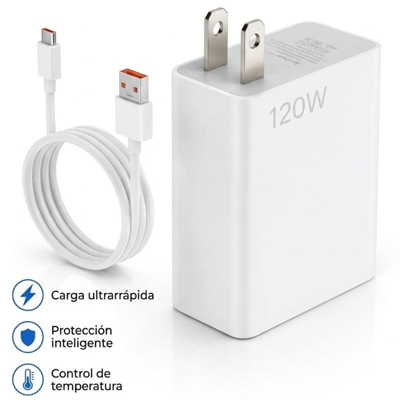 CARGADOR RÁPIDO COMPATIBLE XIAOMI 120W TIPO C + CABLE USB CARGA RÁPIDA - 1