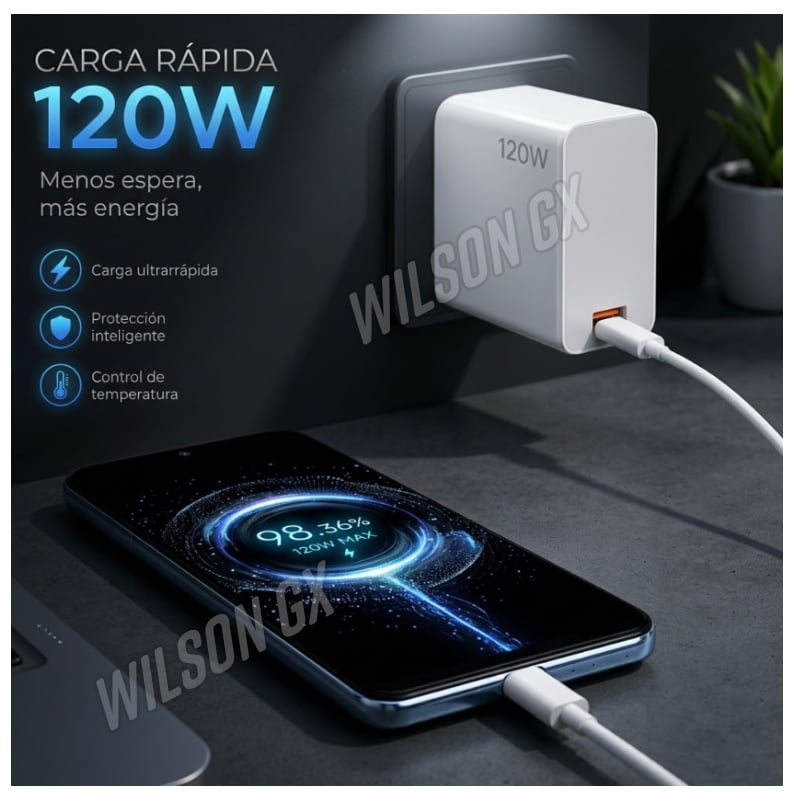 CARGADOR RÁPIDO COMPATIBLE XIAOMI 120W TIPO C + CABLE USB CARGA RÁPIDA - 2