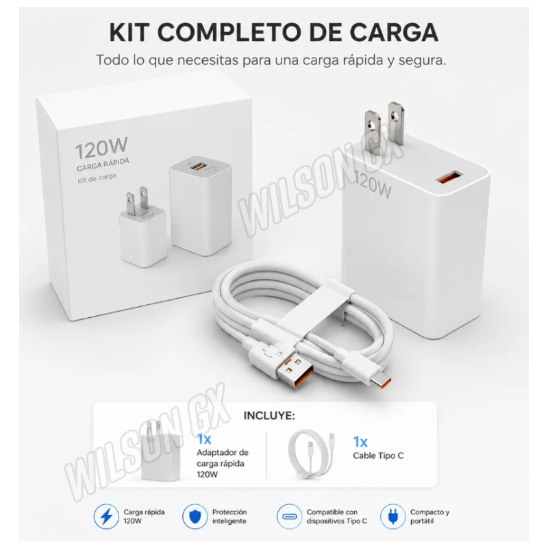 CARGADOR RÁPIDO COMPATIBLE XIAOMI 120W TIPO C + CABLE USB CARGA RÁPIDA - 3